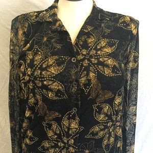 Jane and Delancey Button Up Lined Blouse with Sheer Gold Butterfly Overlay Small